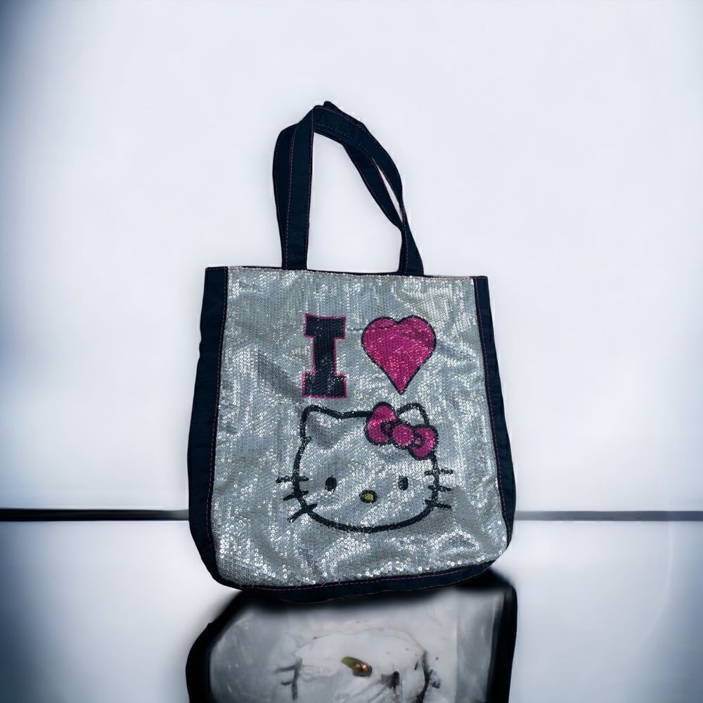 I 💗 Hello Kitty l Silver Sequined Tote l Black & Pink l Double-handle  l EUC